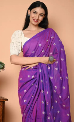 GOURISAREE Embroidered Tant Cotton Blend Saree(Purple)