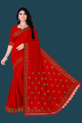 nevya creation Embellished Bhagalpuri Chiffon, Lace Saree(Red)