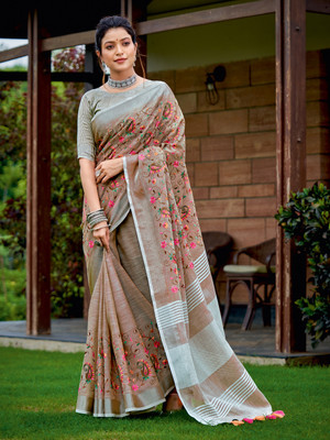 Divastri Embroidered Handloom Linen Saree(Beige)