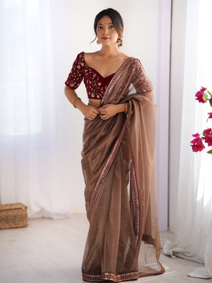 Sareemall Embellished Bollywood Net Saree(Brown)