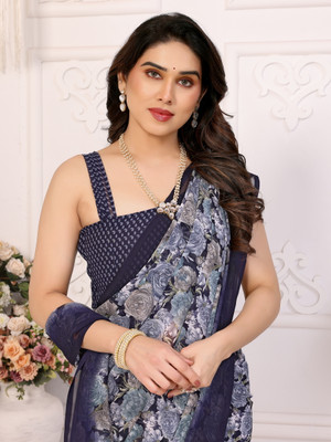 NIRMOHIFASHION Floral Print Bollywood Georgette Saree(Blue, Grey, Dark Blue)