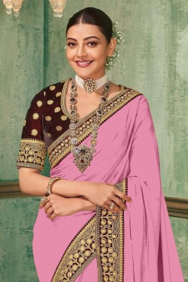 DB ANGHAN Embroidered, Solid/Plain Bollywood Silk Blend, Art Silk Saree(Pink)