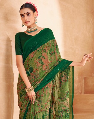 Samah Printed, Embellished Bollywood Georgette, Chiffon Saree(Dark Green, Light Green)