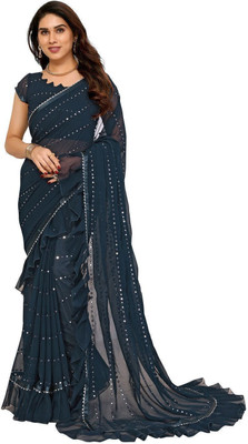 ROOP SUNDARI SAREES Dyed, Embroidered Bollywood Georgette Saree(Blue)