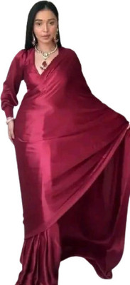 shree sarees Solid/Plain Bollywood Satin, Silk Blend Saree(Maroon)