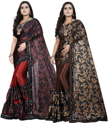 DECOFIN Embellished, Floral Print Bollywood Lycra Blend Saree(Pack of 2, Red, Brown)