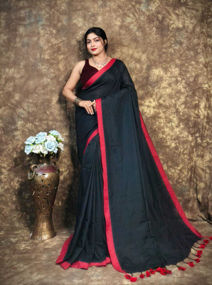 SRINJAN FASHION Solid/Plain Daily Wear Handloom Cotton Linen Saree(Black)