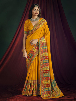 Meena Bazaar Printed Bollywood Art Silk Saree(Mustard)