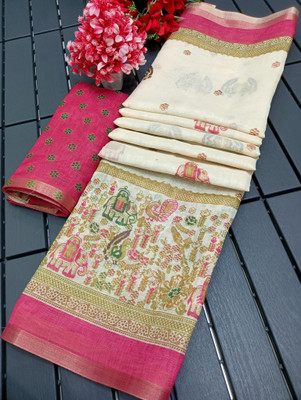 AARAANA Woven, Self Design, Geometric Print Kanjivaram Linen Saree(Cream)