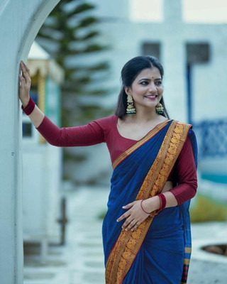 Dhami Woven, Embellished Banarasi Cotton Silk, Art Silk Saree(Blue, Red)