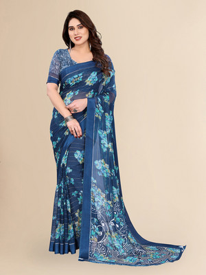 Moda Rapido Embellished, Floral Print Bollywood Georgette, Satin Saree(Blue)