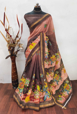 Saaransh Floral Print Kanjivaram Linen, Cotton Silk Saree(Brown)