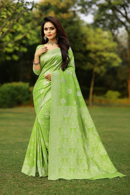 Suntex Woven Banarasi Cotton Blend Saree(Light Green)