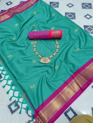 KanjiQueen Woven Kanjivaram Pure Silk, Cotton Blend Saree(Light Green, Pink)