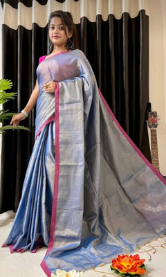 matri textile Woven Bollywood Tissue Saree(Silver)