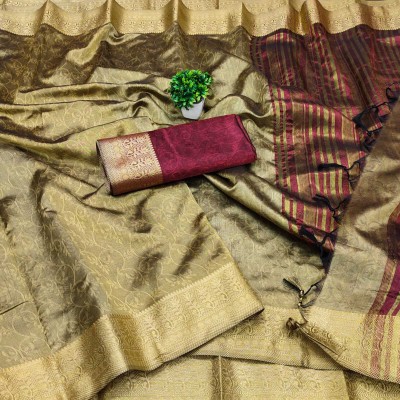 DURGA TEXTILE Printed, Self Design, Embellished, Woven, Animal Print, Blocked Printed Banarasi Organza, Jacquard Saree(Gold)