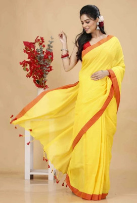 SMRITI HANDLOOM Solid/Plain Handloom Handloom Pure Cotton Saree(Yellow, Red)