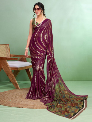 Sangria Printed Hand Batik Georgette Saree(Magenta)