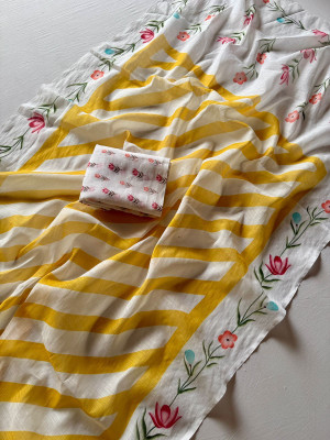 sdgratitud Striped, Floral Print, Digital Print Daily Wear Cotton Linen, Linen Saree(White, Yellow)