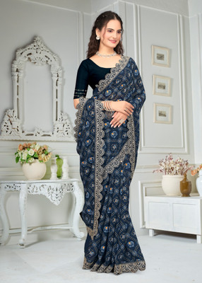 LADALI Animal Print Bandhani Georgette Saree(Dark Blue)