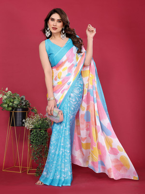 Divastri Printed Daily Wear Chiffon, Silk Blend Saree(Light Blue)
