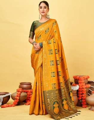 Satrani Woven, Embellished Banarasi Silk Blend Saree(Yellow)