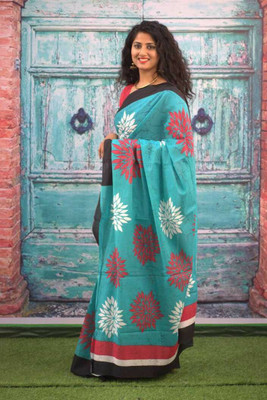 Jaipuri Print Printed, Color Block, Blocked Printed, Floral Print, Dyed Daily Wear Pure Cotton Saree(Light Blue)