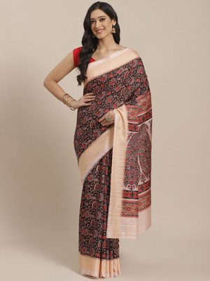 Saanjh Floral Print Saree with Attached Blouse Silk Blend Saree(Black)