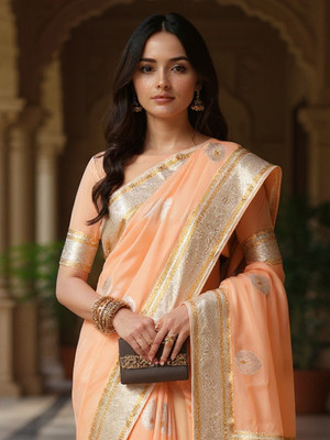 Sareemall Woven Banarasi Silk Blend Saree(Pink, Orange)