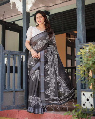 maharani couture Digital Print Handloom Cotton Linen Saree(Black)