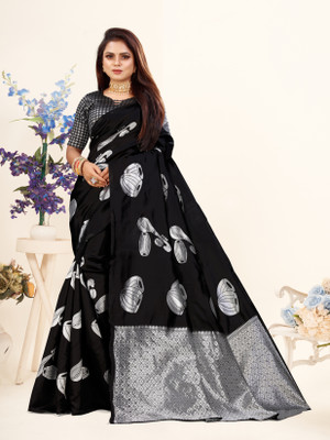 Vastram Enterprise Printed Kalamkari Silk Blend Saree(Black)
