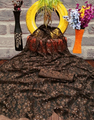 Paanthcreation Floral Print Bollywood Net Saree(Brown)