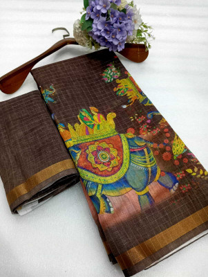 Saaransh Floral Print Kanjivaram Linen, Cotton Silk Saree(Brown)