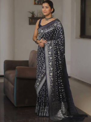 Bansari Textiles Woven, Self Design, Temple Border, Solid/Plain Banarasi Silk Blend Saree(Black)
