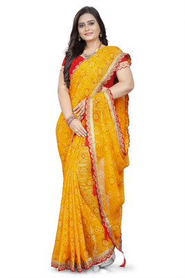 VRUNDA FASHION Embroidered, Self Design Bandhani Georgette Saree(Yellow)