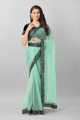 TIRTH CREATION Embroidered Bollywood Net Saree(Light Green)