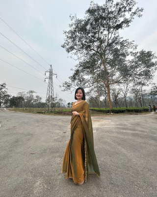 HouseOfCommon Embellished, Embroidered, Solid/Plain Bollywood Chiffon, Pure Silk Saree(Gold)