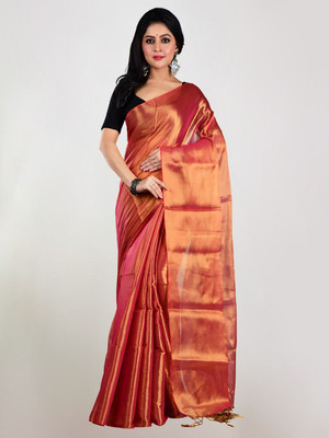 Shaw Creation Solid/Plain Handloom Handloom Tissue Saree(Orange)