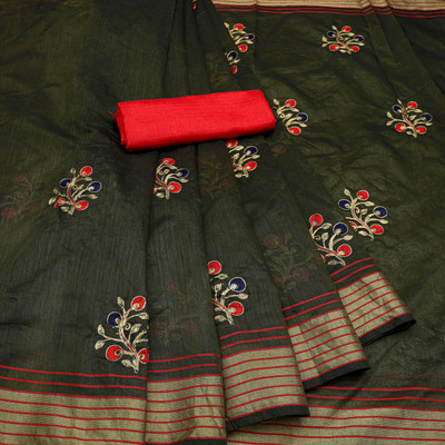 ShiVAdit Ethnic Embroidered Daily Wear Cotton Blend, Cotton Linen Saree(Dark Green)
