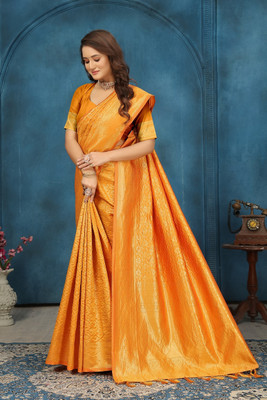 GARIYA Self Design Dharmavaram Silk Blend Saree(Mustard)