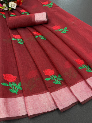 KRIVITY Embroidered Chanderi Cotton Linen Saree(Maroon)
