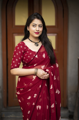 KHAJURIPRINTS Printed Daily Wear Georgette Saree(Maroon)