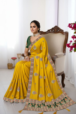 Anjani Textile Embroidered Bollywood Silk Blend Saree(Yellow)