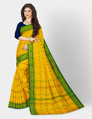Mayabi Woven Tant Pure Cotton Saree(Yellow, Green)