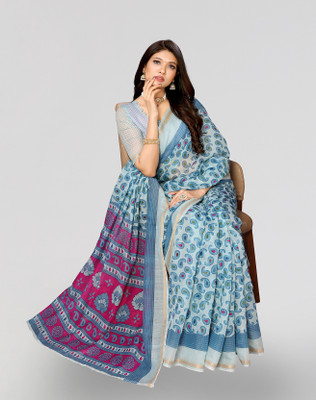 Nirvaan Printed Bollywood Cotton Linen Saree(Blue)