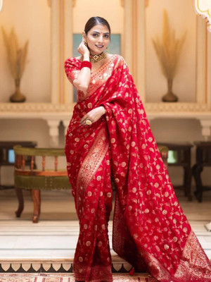 BAL KRISHNA SAREE Embroidered Banarasi Art Silk Saree(Red)