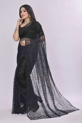 Manthan Creation Self Design Bollywood Net Saree(Black)