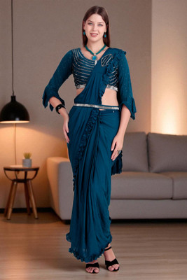 Traquila Self Design Saree with Attached Blouse Lycra Blend Saree(Blue)