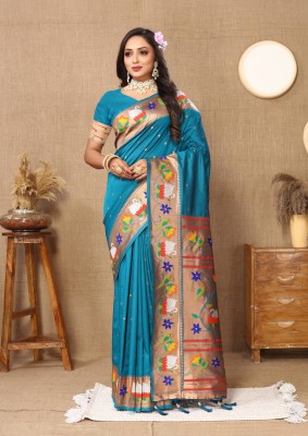 Niwaa Printed, Self Design, Embellished, Woven, Animal Print, Blocked Printed Paithani Jacquard, Silk Blend Saree(Light Blue)