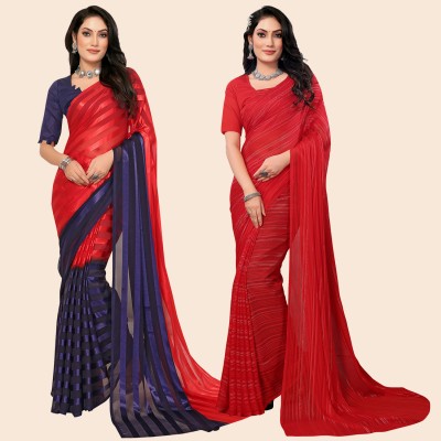 Anand Sarees Striped Bollywood Satin Saree(Pack of 2, Red, Blue)